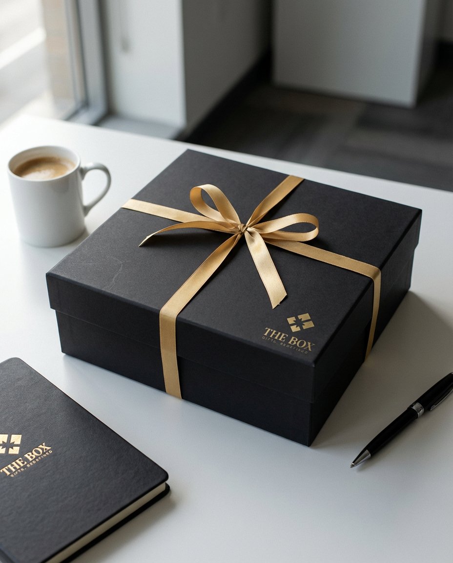 Custom logo gift box with gold ribbon — The Box